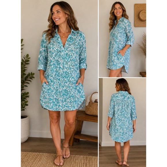 Ripskirt Dresses & Skirts - RipSkirt Cotton Shirt Dress Cover Up Teal White Floral Print Pockets Large